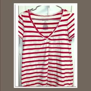 Magenta striped maternity top.